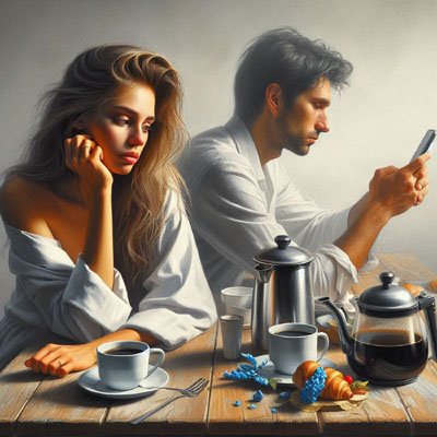 Ein Paar am Frühstückstisch, das sich nichts mehr zu sagen hat. Sie schaut traurig, er starrt auf sein Handy.