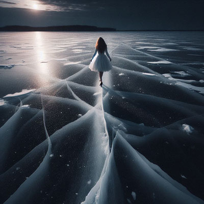 Frau nachts alleine auf einem gefrorenen See